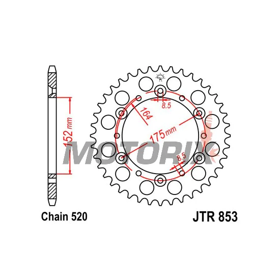 Zadní rozeta -JT- JTR853,46, 46 zubů, ocelový, Kreideler 170 170 2004-2006, Yamaha DT 200 1989-1995, IT 200 1984-1986, SR 500 1991-1999, TT 250 1989-2004, TT 350 1986-1992, TT 600 1983-1992, 1996-2003, TT-R 250 1999-2006, WR 125/400 1998
