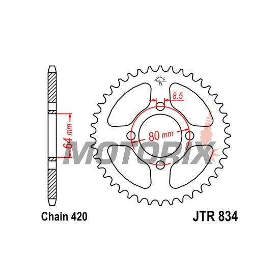 Zadní rozeta -JT- JTR834,35, 35 zubů, ocelový, Yamaha BW 80 1986-1988, 1990, PW 80 1983-2010, RD 50/80 1982-1984, RT 100 1990-2000, TT-R 110 2008-2020, TT-R 50 2006-2020, TT-R 90 2000-2008, YB 100 1980-1994