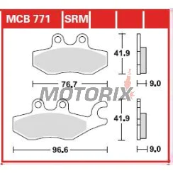 Brzdové destičky -TRW- MCB771SRM, sintrované, Piaggio Beverly 125-350 (2006-2017), MP3 125-500 (2006-2016), X10 125-500 (2012-2015), X7 125-300 (2007-2014), X8 400 (2006-2008), X9 125-250 (2005-2008)