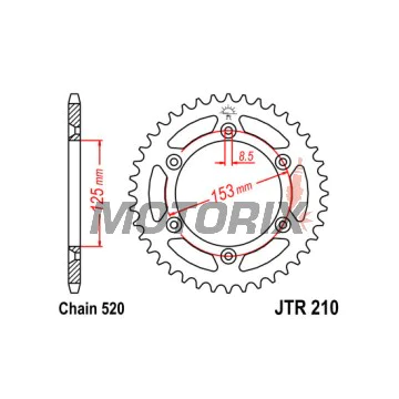 Zadní rozeta -JT- JTR210,43, 43 zubů, ocelový, Betamotor RR 125 2018-2021, RR 250 2013-2021, RR 400 2013-2016, RR 450 2013-2014, Honda CR 125 1983-2007, CR 250 1984-2008, CR 500 1984-2001, CRF 150 2003-2018, CRF 230 2003-2019