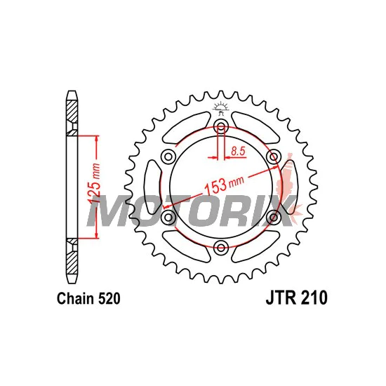 Zadní rozeta -JT- JTR210,43, 43 zubů, ocelový, Betamotor RR 125 2018-2021, RR 250 2013-2021, RR 400 2013-2016, RR 450 2013-2014, Honda CR 125 1983-2007, CR 250 1984-2008, CR 500 1984-2001, CRF 150 2003-2018, CRF 230 2003-2019