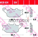 Brzdové destičky -TRW- MCB634, Honda CB/CBF/CBR/CMX/CRF/NC/NT/VT/VTR/VTX/XL 500-1100cc (1992-2025); Kawasaki EN/EX/KLV/KLZ/Z 650-1000cc (2004-2024); Suzuki DL/GSF/GSR/GSX/GSX-S/SV 650-1250cc (2002-2025); Yamaha FZ/FJ/MT/XJ6/XSR/YZF-R 600-1000cc (2003-2019
