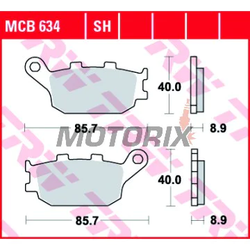 Brzdové destičky -TRW- MCB634SH, Honda CB/CBF/CBR/CMX/CRF/NC/NT/VT/VTR/VTX/XL 500-1100cc (1992-2025); Kawasaki EN/EX/KLV/KLZ/Z 650-1000cc (2004-2024); Suzuki DL/GSF/GSR/GSX/GSX-S/SV 650-1250cc (2002-2025); Yamaha FZ/FJ/MT/XJ6/XSR/YZF-R 600-1000cc (2003-20