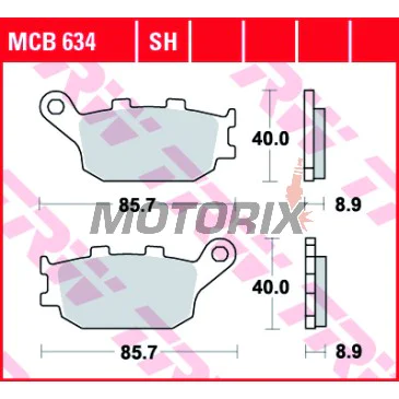 Brzdové destičky -TRW- MCB634, Honda CB/CBF/CBR/CMX/CRF/NC/NT/VT/VTR/VTX/XL 500-1100cc (1992-2025); Kawasaki EN/EX/KLV/KLZ/Z 650-1000cc (2004-2024); Suzuki DL/GSF/GSR/GSX/GSX-S/SV 650-1250cc (2002-2025); Yamaha FZ/FJ/MT/XJ6/XSR/YZF-R 600-1000cc (2003-2019