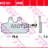 Brzdové destičky -TRW- MCB557, Aprilia Atlantic/Scarabeo/Sportcity 125-500, Leonardo 250-300, Tuareg 125-600, Cagiva Blues/Mito/Roadster 50-200, Gilera Dakota/ER/XRT 125-600, Honda NSR/CRM/XL 125, Malaguti Spider Max 500, Peugeot Speedake 50, Sachs Roadst