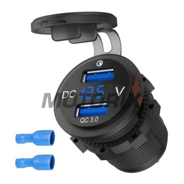 Adaptér, zapalovač cigaret -4 RIDE- 12V, 2xUSB 3.0 + voltmetr, 2 pinů - univerzální