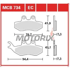 Brzdové destičky -TRW- MCB734EC, Aprilia SX/Tuono 50, Beta Alp, CPI GTS, Derbi GP1/Mulhacen/Senda, Gas Gas Pampera, KTM EXC 125, Malaguti Madison, Peugeot Elyseo/Elystar/Satelis, Piaggio Beverly/GT, Yamaha DT/TZR/XT (1999-2018)