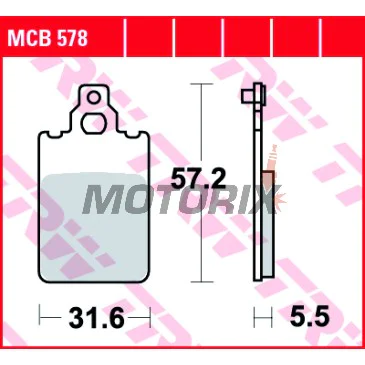 Brzdové destičky -TRW- MCB578, Aprilia AF1/RS/RX/SX/Tuono/Tuareg 50, Cagiva Aletta/Elefant/W8 125-200, Derbi GPR 50/75, Fantic Caballero/Koala/Raider, KTM SX 60/65, Malaguti Centro/F15 Firefox 50, Simson Schikra/Sperber 50/125, Yamaha DT 50R