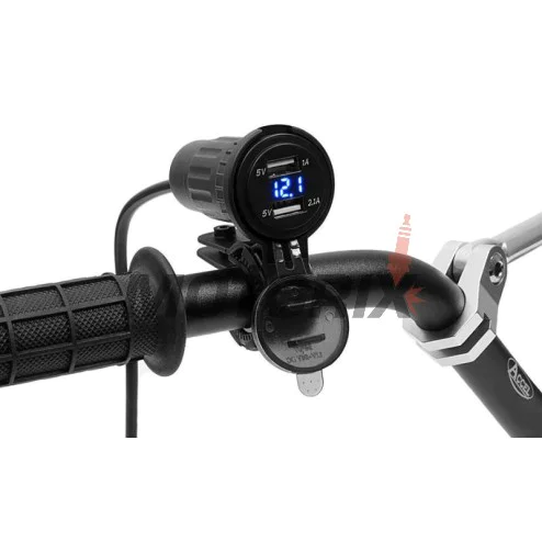 USB adaptér -4 RIDE- 12V, 2xUSB (1A + 2.1A), 2 pinů, s držák pro řídítka 22mm - univerzální