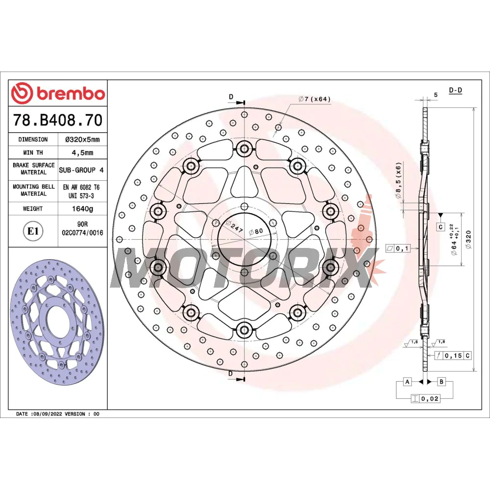 Brzdový kotouč -BREMBO- 78B40870, Aprilia Mana, RS, RSV, Shiver, Tuono/Benelli TnT, Tornado/Cagiva Mito/Ducati Monster, SS, ST, Sport/KTM Duke, RC8, Super Duke/Moto Guzzi V11/Yamaha FZR, TDR, XJR (1987-2015)