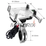 Držák telefonu -4 RIDE- 62-90mm telefon, s USB 3.0 nabíječka, antivibrační, uchycení pro řídítka/zrcátko, chrom - univerzální