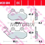 Brzdové destičky -TRW- MCB684, Cagiva Passing/Stella 50-125 1993-1997; Garelli Freeland/Joker/KRS 50-150 2002; Honda Dylan 125 2003-2005; Peugeot Tweet 50-150 2010; PGO T.Rex/PM-X/Charge 50-150 1999-2004; SYM Shark/Red Devil/Jungle 50-125 1997-2005