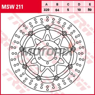 Brzdový kotouč -TRW- MSW211, 320mm, Aprilia RS, RSV, Tuono, Shiver, Dorsoduro, Benelli TnT, Tornado, Ducati Monster, 748/916/996, SS, ST, KTM Duke, Super Duke, RC8, Moto Guzzi Griso, Breva, Norge, V11, Yamaha FZR, XJR, TDR