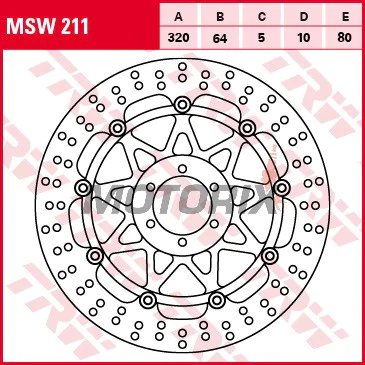 Brzdový kotouč -TRW- MSW211, 320mm, Aprilia RS, RSV, Tuono, Shiver, Dorsoduro, Benelli TnT, Tornado, Ducati Monster, 748/916/996, SS, ST, KTM Duke, Super Duke, RC8, Moto Guzzi Griso, Breva, Norge, V11, Yamaha FZR, XJR, TDR