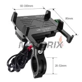 Držák telefonu -4 RIDE- 62-90mm telefon, s USB 3.0 nabíječka, antivibrační, uchycení pro řídítka/zrcátko, černá - univerzální