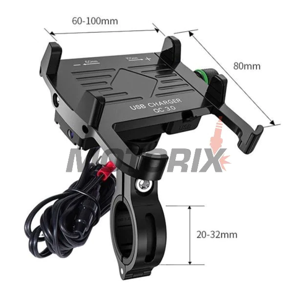 Držák telefonu -4 RIDE- 62-90mm telefon, s USB 3.0 nabíječka, antivibrační, uchycení pro řídítka/zrcátko, černá - univerzální