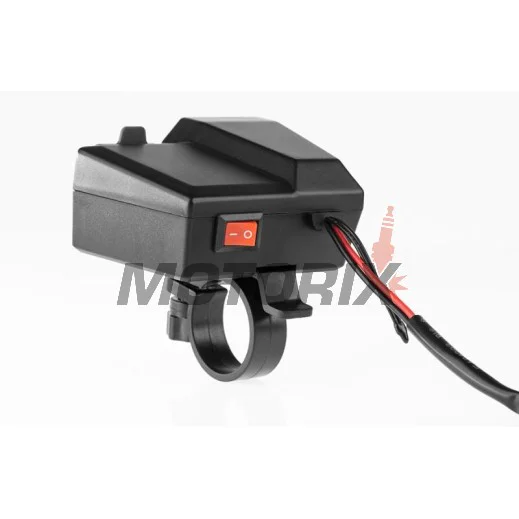 USB adaptér -4 RIDE- 12V, 2xUSB (Type C) + voltmetr, s držák zrcátka/řídítka 22mm - univerzální