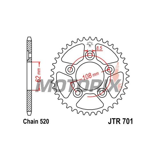 Zadní rozeta -JT- JTR701,38, 38 zubů, ocelový, Aprilia AF1 125 1993-1994, RS 125 1993-2007, Tuareg 125 1989-1990, Cagiva Mito 125 1990-2010, N1 125 1997-1999, Raptor 125 2003-2010, River 600 1994-1999, Supercity 125 1991-1999