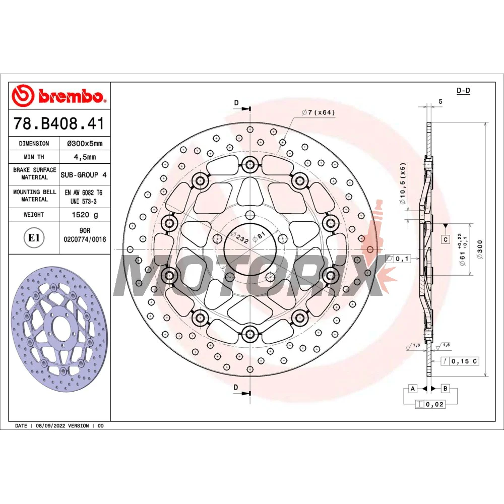 Brzdový kotouč -BREMBO- 78B40841, Kawasaki GPZ1100, GTR1000, Z750/Z1000, ZR550 Zephyr, ZR-7 750S, ZX-12R 1200 Ninja, ZX-14R 1400 Ninja, ZX-6R 600 Ninja, ZZR600D/600E