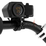 USB adaptér -4 RIDE- 12V, 2xUSB (Type C) + voltmetr, s držák zrcátka/řídítka 22mm - univerzální