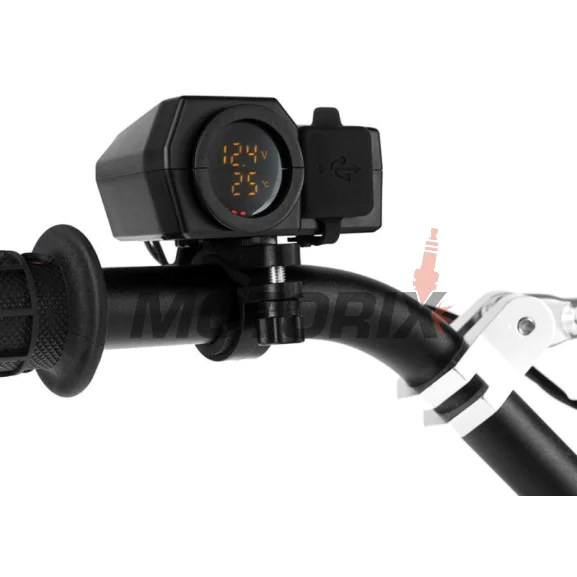 USB adaptér -4 RIDE- 12V, 2xUSB (Type C) + voltmetr, s držák zrcátka/řídítka 22mm - univerzální