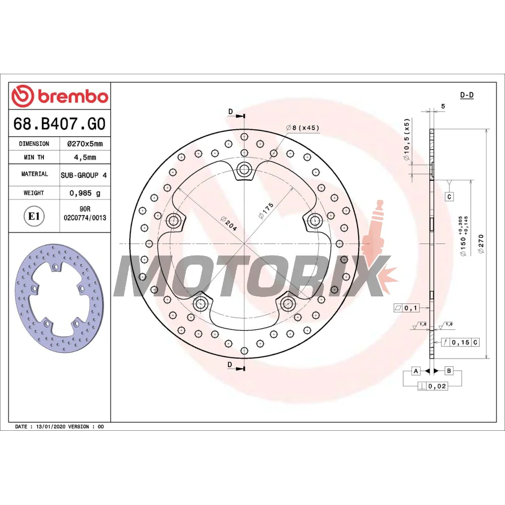 Brzdový kotouč -BREMBO- 68B407G0, Aprilia RS50, Scarabeo 200/400 IE Light, Tuono 50/125; BMW C600 Sport/C650GT/C650 Sport, BMW C1 125; FB Mondial Piega 999/1000/Evo; MBK XQ Thunder 125