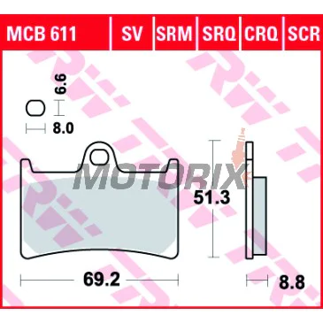 Brzdové destičky -TRW- MCB611SCR, závodní, Yamaha BT Bulldog 1100, FJ-09 900, FJR 1300, FZ1 1000, FZ6 600, FZ8 800, FZS Fazer 600/1000, MT-01/07/09/10, TDM 900, XJR 1300, Tmax 530, XSR 700/900, XT 1200, XV 1700/1900, YZF/R1/R6/R7 600-1000 - 1996-2024