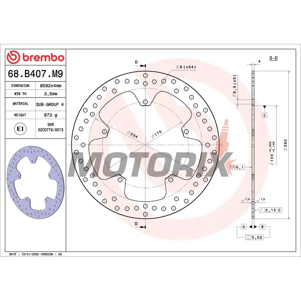 Brzdový kotouč -BREMBO- 68B407M9, Yamaha YZF-R125 125 (2008-2013)