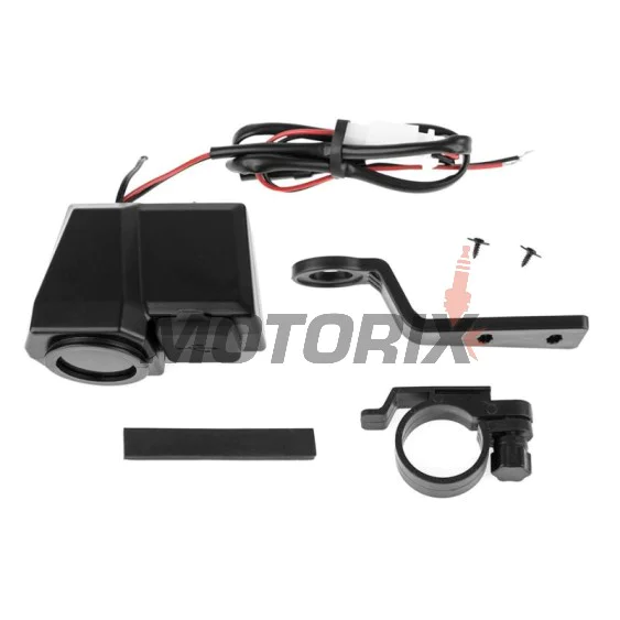 USB adaptér -4 RIDE- 12V, 2xUSB (Type C) + voltmetr, s držák zrcátka/řídítka 22mm - univerzální