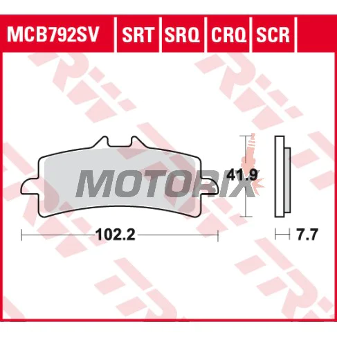 Brzdové destičky -TRW- MCB792SV, Aprilia RSV4 1000, Ducati 848/1098/1198/1299, Hypermotard 1100, Monster 1200, Multistrada 1200/1260, Panigale 1199/1299, Streetfighter 1099, Husaberg FS 650, Husqvarna FS 450/Nuda 900, Kawasaki H2/ZX-10R/Z1000, KTM 450/690