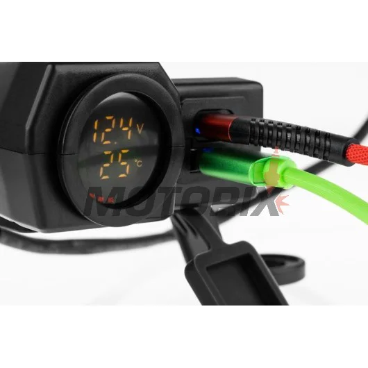 USB adaptér -4 RIDE- 12V, 2xUSB (Type C) + voltmetr, s držák zrcátka/řídítka 22mm - univerzální