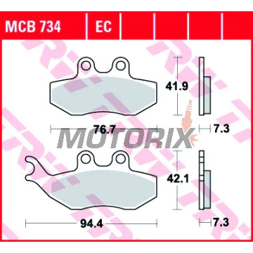 Brzdové destičky -TRW- MCB734, Aprilia SX/Tuono 50, Beta Alp, CPI GTS, Derbi GP1/Mulhacen/Senda, Gas Gas Pampera, KTM EXC 125, Malaguti Madison, Peugeot Elyseo/Elystar/Satelis, Piaggio Beverly/GT, Yamaha DT/TZR/XT (1999-2018)