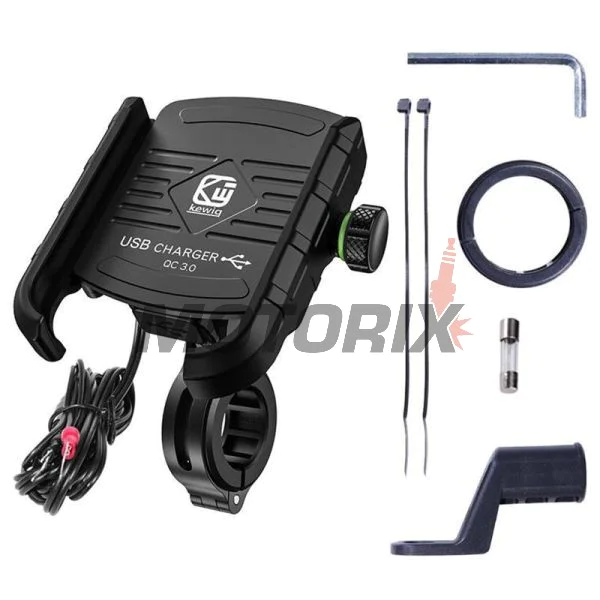Držák telefonu -4 RIDE- 62-90mm telefon, s USB 3.0 nabíječka, antivibrační, uchycení pro řídítka/zrcátko - univerzální