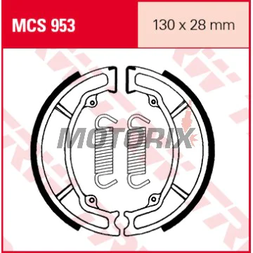 Brzdové čelisti -TRW- MCS953, 130x28mm, Aprilia Scarabeo 100 (2000), MBK Ovetto/Nitro 100 (2000-2003), Peugeot Tweet 125/150 (2010), Sachs Roadster 125 (2000-2003), Yamaha BW’s/Ovetto/Aerox 100 (1999-2003), DT 80 (1981-1997), RD 125 (1982-1984), SR/XV