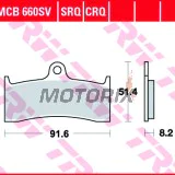 Brzdové destičky -TRW- MCB660SV, Buell M2 Cyclone 1200 (1999-2002), S3 Thunderbolt 1200 (1998-1999), X1 Lightning 1200 (1999-2001); Kawasaki ZRX 1100C (1997-2000), ZX-7RR 750N Ninja (1996-1999); MV Agusta Brutale 910 (2007), F4 750S/750SPR/750 Senna/1000