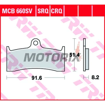 Brzdové destičky -TRW- MCB660SV, Buell M2 Cyclone 1200 (1999-2002), S3 Thunderbolt 1200 (1998-1999), X1 Lightning 1200 (1999-2001); Kawasaki ZRX 1100C (1997-2000), ZX-7RR 750N Ninja (1996-1999); MV Agusta Brutale 910 (2007), F4 750S/750SPR/750 Senna/1000
