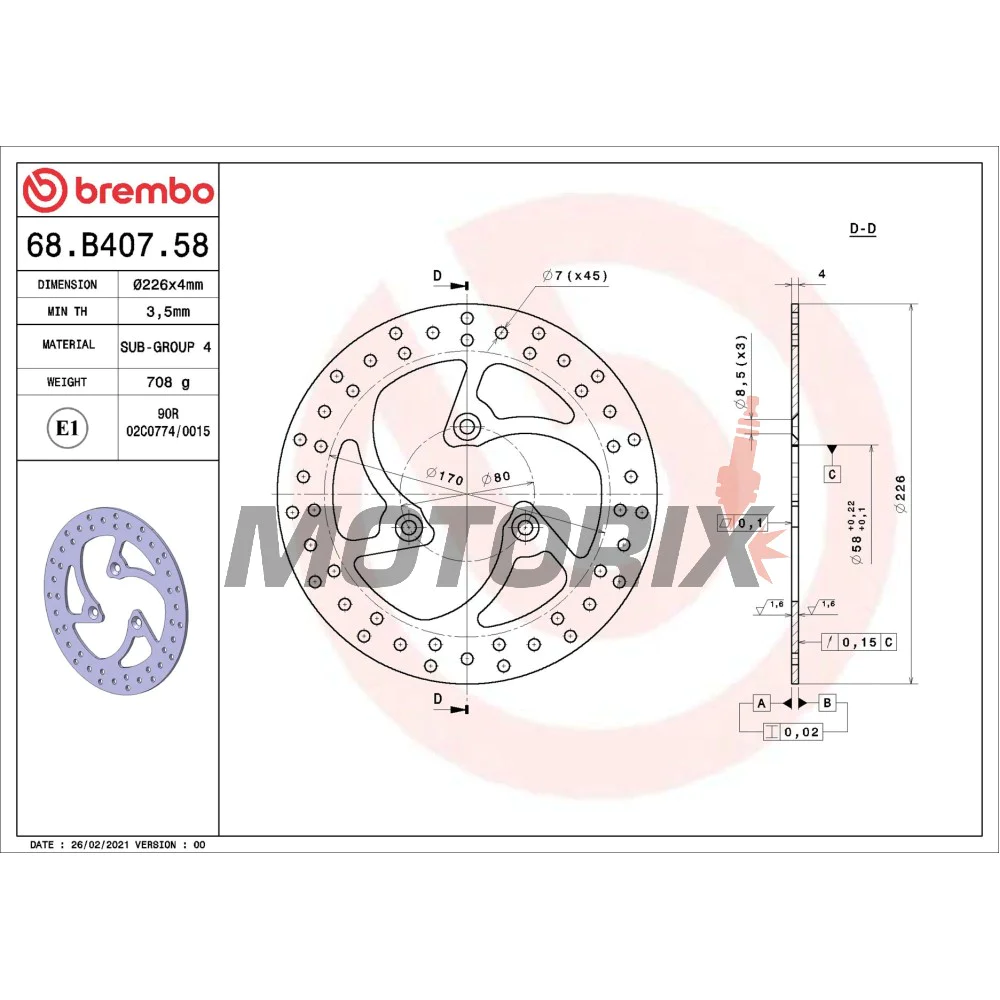 Brzdový kotouč -BREMBO- 68B40758, Peugeot Elyseo 100/125/150, Elystar 125/150, Jet Force 125 (2003-2006)
