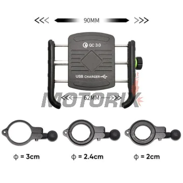 Držák telefonu -4 RIDE- 62-90mm telefon, s USB 3.0 nabíječka, antivibrační, uchycení pro řídítka/zrcátko - univerzální