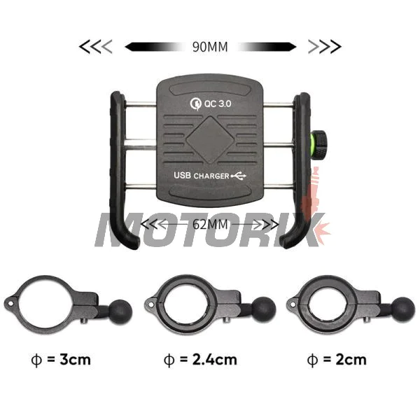 Držák telefonu -4 RIDE- 62-90mm telefon, s USB 3.0 nabíječka, antivibrační, uchycení pro řídítka/zrcátko - univerzální