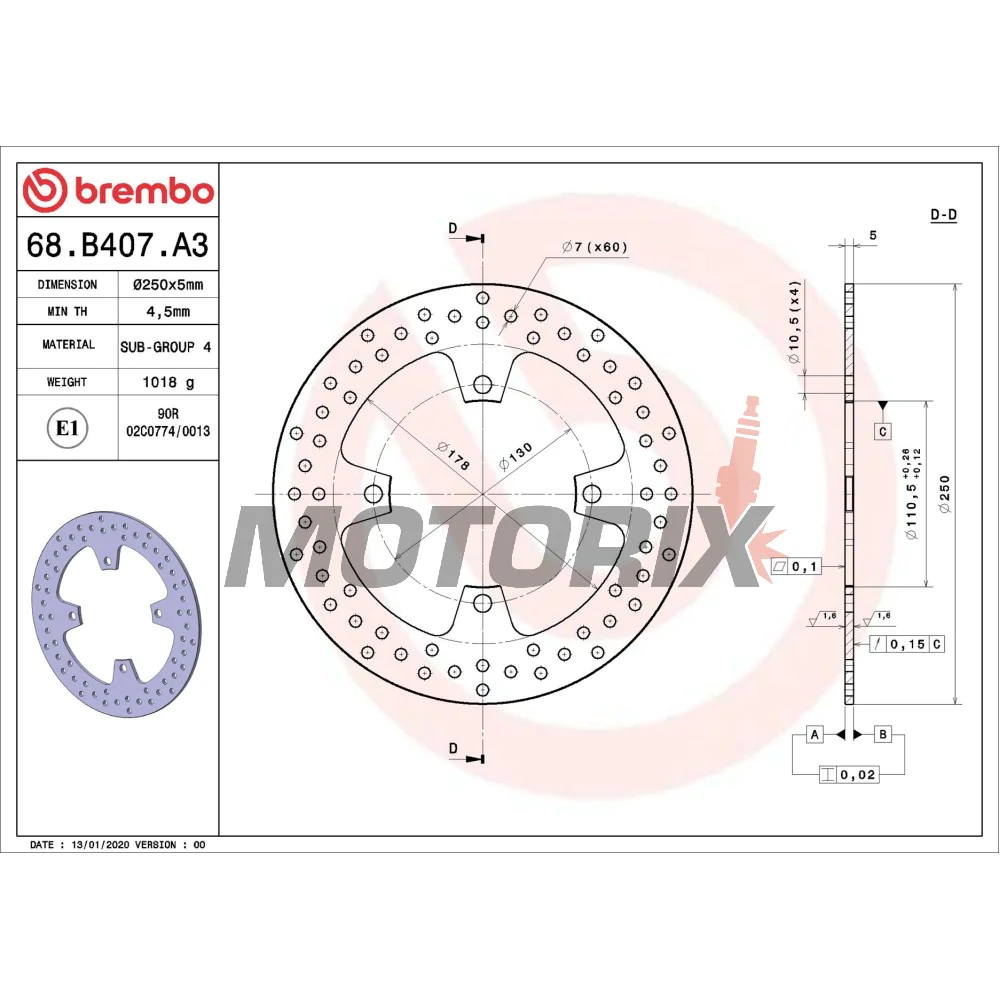 Brzdový kotouč -BREMBO- 68B407A3, Kawasaki GTR/Z/ZZR 750-1400 (1984-2011)