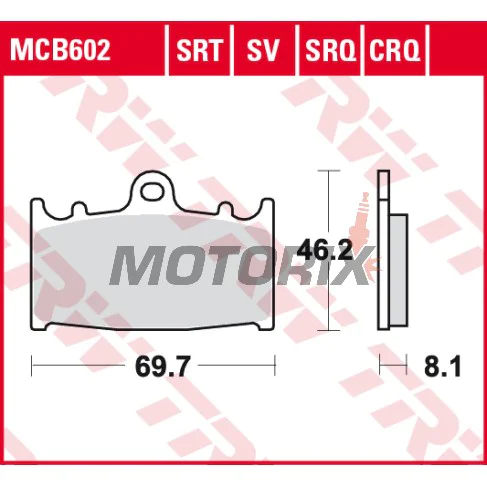 Brzdové destičky -TRW- MCB602CRQ, Kawasaki GPZ, KLZ, VN, ZR, ZX, ZX-6R, ZX-9R, ZXR, ZZR 1989-2019; Suzuki GSF, GSR, GSX, GSX-R, RGV, SV 1988-2017