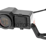USB adaptér -4 RIDE- 12V, 2xUSB (Type C) + voltmetr, s držák zrcátka/řídítka 22mm - univerzální