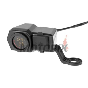 USB adaptér -4 RIDE- 12V, 2xUSB (Type C) + voltmetr, s držák zrcátka/řídítka 22mm - univerzální