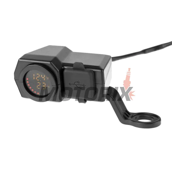 USB adaptér -4 RIDE- 12V, 2xUSB (Type C) + voltmetr, s držák zrcátka/řídítka 22mm - univerzální