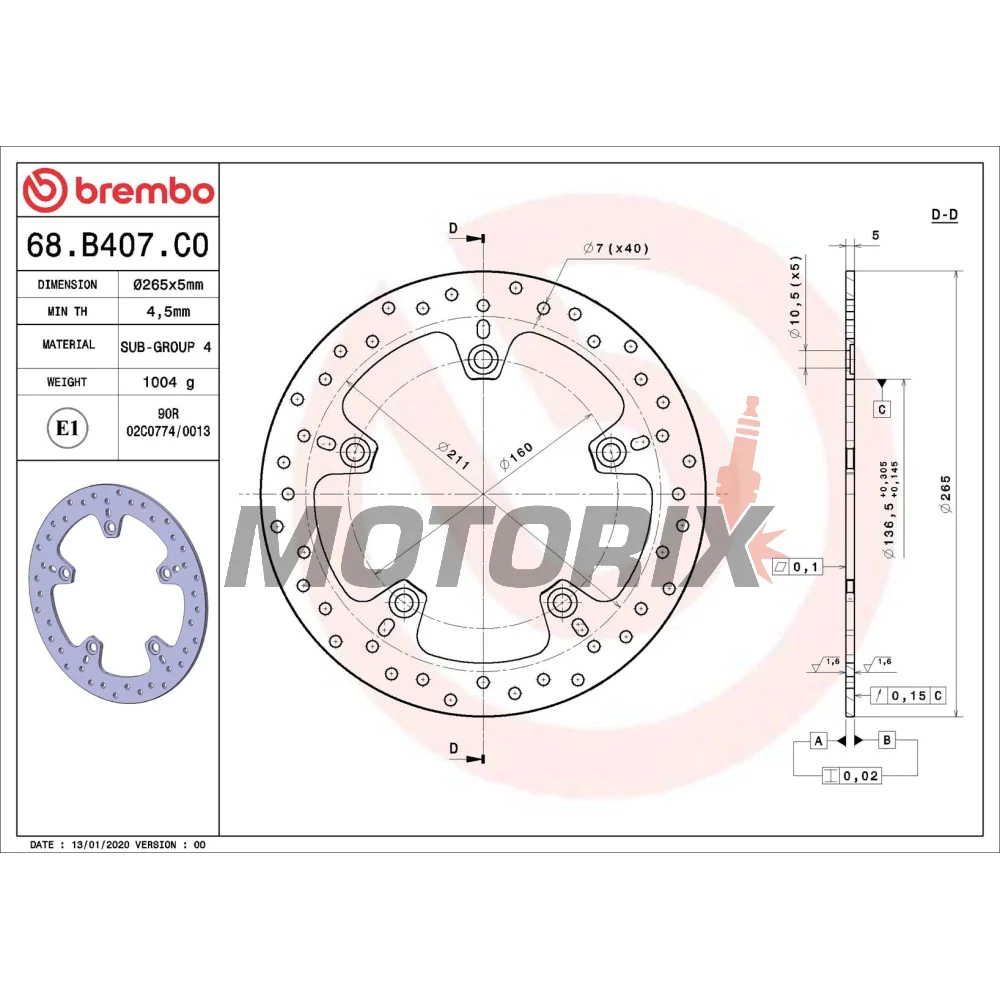Brzdový kotouč -BREMBO- 68B407C0, BMW F 650-800 (2006-2013)/HP2 1200 (2007-2008)/K 1200-1300 (2005-2011)/R 1200 (2004-2012)
