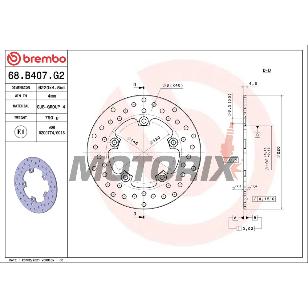 Brzdový kotouč -BREMBO- 68B407G2, FB Mondial Piega/RZ/Starfighter 999-1000 (2004-2007)Yamaha XN/XQ (Teos/Maxster) 125-150 (2001-2004)
